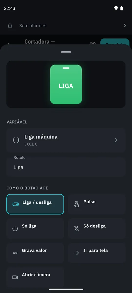 Configuração do botão Liga: variável Liga máquina, rótulo e modo Liga/desliga escolhido entre sete.