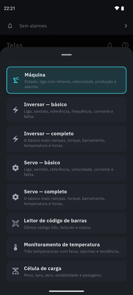 Nova tela começando de um modelo: Máquina, Inversor e Servo básico e completo, Leitor de código de barras, Monitoramento de temperatura e Célula de carga.