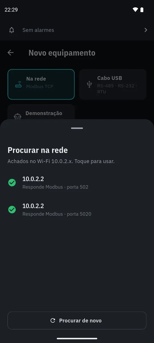 Procurar na rede: a lupa do campo IP achou dois equipamentos no Wi-Fi que respondem Modbus, nas portas 502 e 5020.