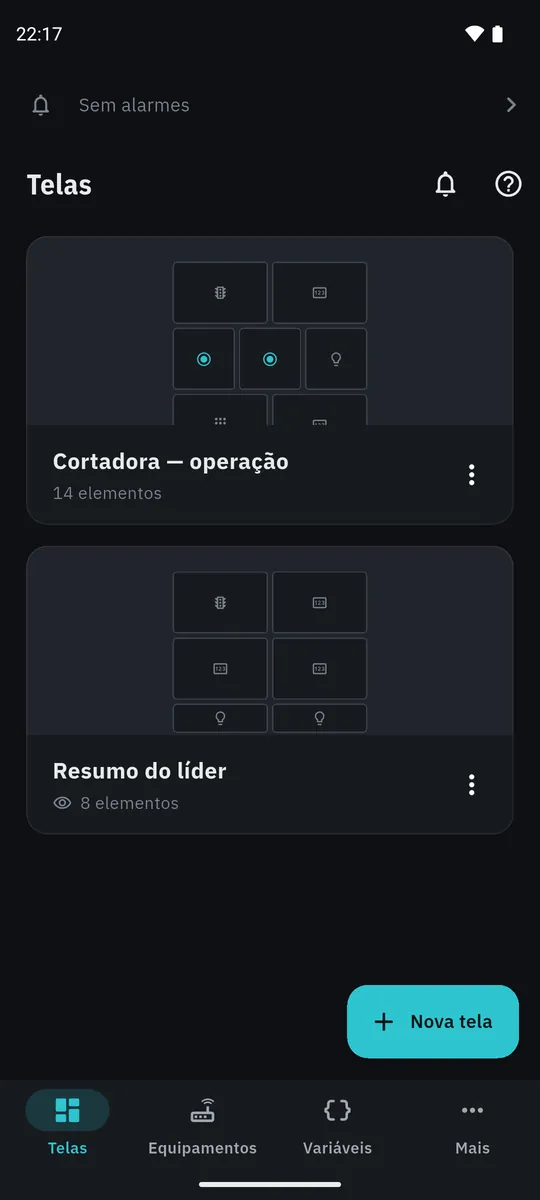 Lista de telas: Cortadora operação, com 14 elementos, e Resumo do líder, só de acompanhamento, com 8 elementos.