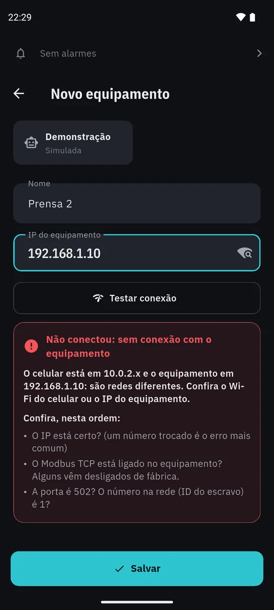 Testar conexão no Ware IoT: não conectou, e o app explica que o celular e o equipamento estão em redes diferentes, com a lista do que conferir.