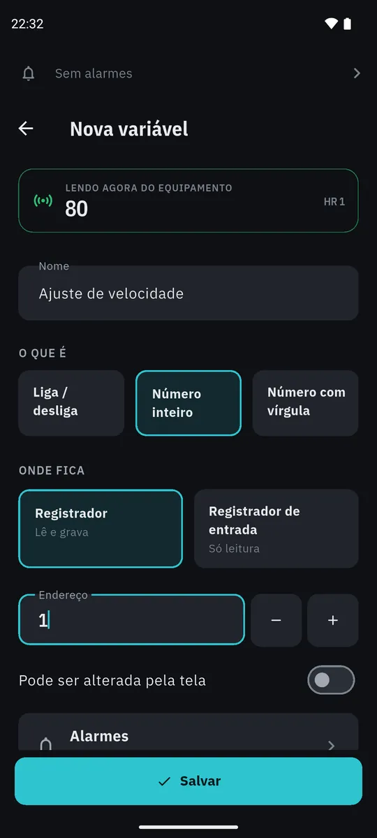 Nova variável Ajuste de velocidade, número inteiro em registrador, endereço 1: o painel do topo lê 80 do equipamento.