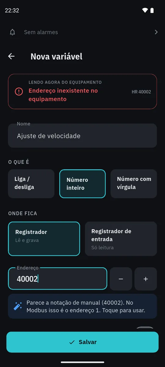 Endereço 40002: o topo avisa endereço inexistente e o app sugere usar o endereço 1, da notação de manual.